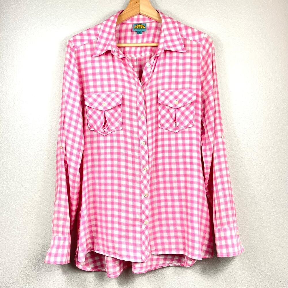 C&C California Womenās Long Sleeve Button Up Shirt Pinkā Plaid Sz M 100% Cotton